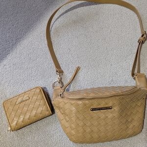 Poppy & Peonies Tan Woven Crossbody Bag with Matching Zip Wallet